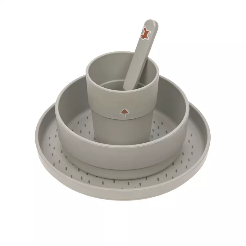 Lassig vajilla infantil Little Forest Fuchs, 4 piezas (plato, cuenco, vaso, cuchara), polipropileno y celulosa, verde