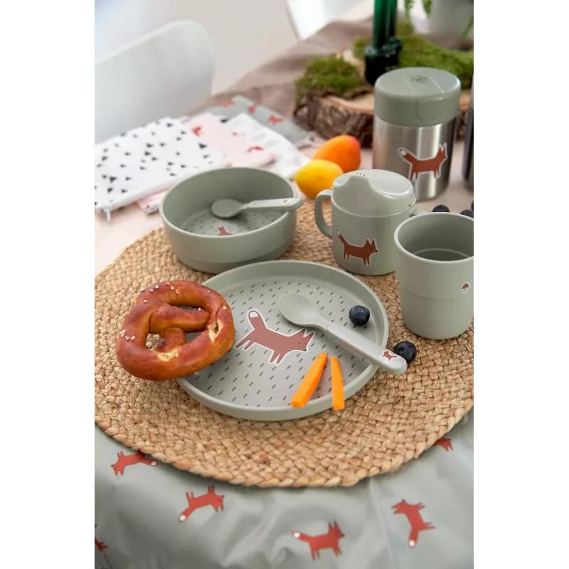 Lassig vajilla infantil Little Forest Fuchs, 4 piezas (plato, cuenco, vaso, cuchara), polipropileno y celulosa, verde