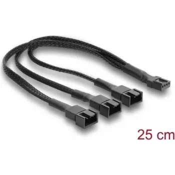 Divisor de cable de ventilador Delock 1 x conector hembra 4 pines PWM a macho + 2 x macho 4 pines (3 pines conectados) con funda trenzada 25 cm negro