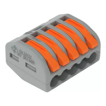 Bloque de bornes compacto WAGO 222-415 de 5 conductores con accionamiento por palanca, conexión de resorte, 32 A, 400 V, gris/naranja