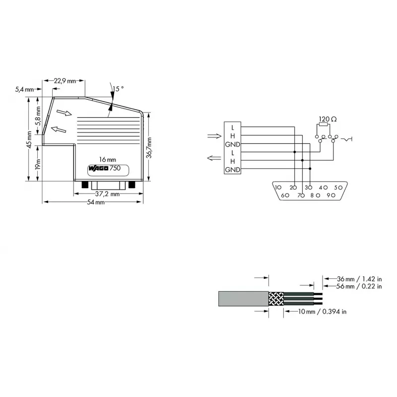 WAGO 750-963 Módulo de conexión D-Sub, 9 polos conector hembra, gris, IP20, para WAGO I/O System 750