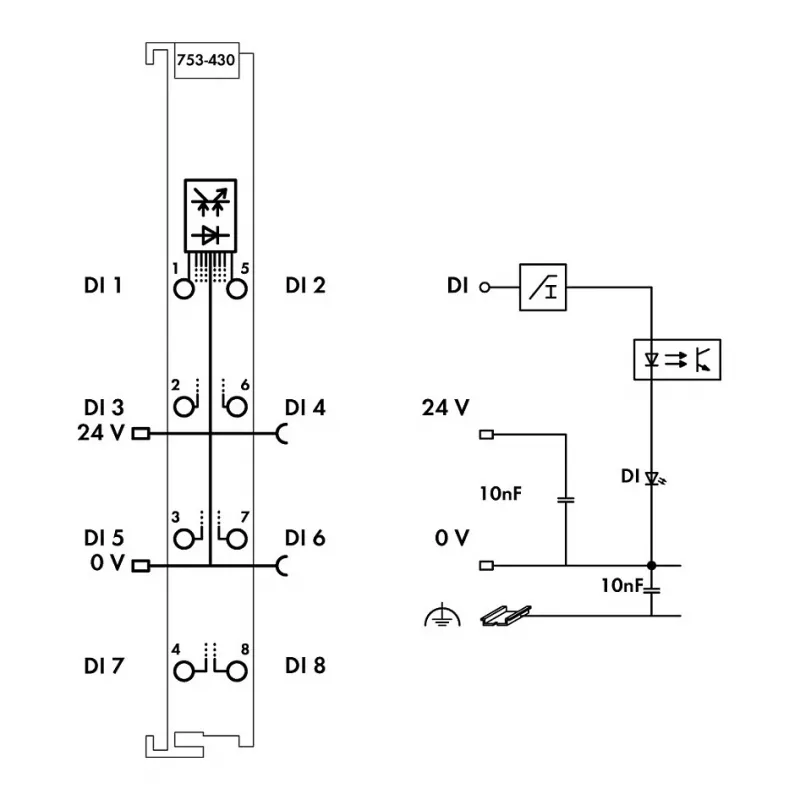 WAGO 753-430 - Módulo de entrada digital de 8 canales, 24 VDC, aislamiento 5 kV, CAGE CLAMP, carril DIN
