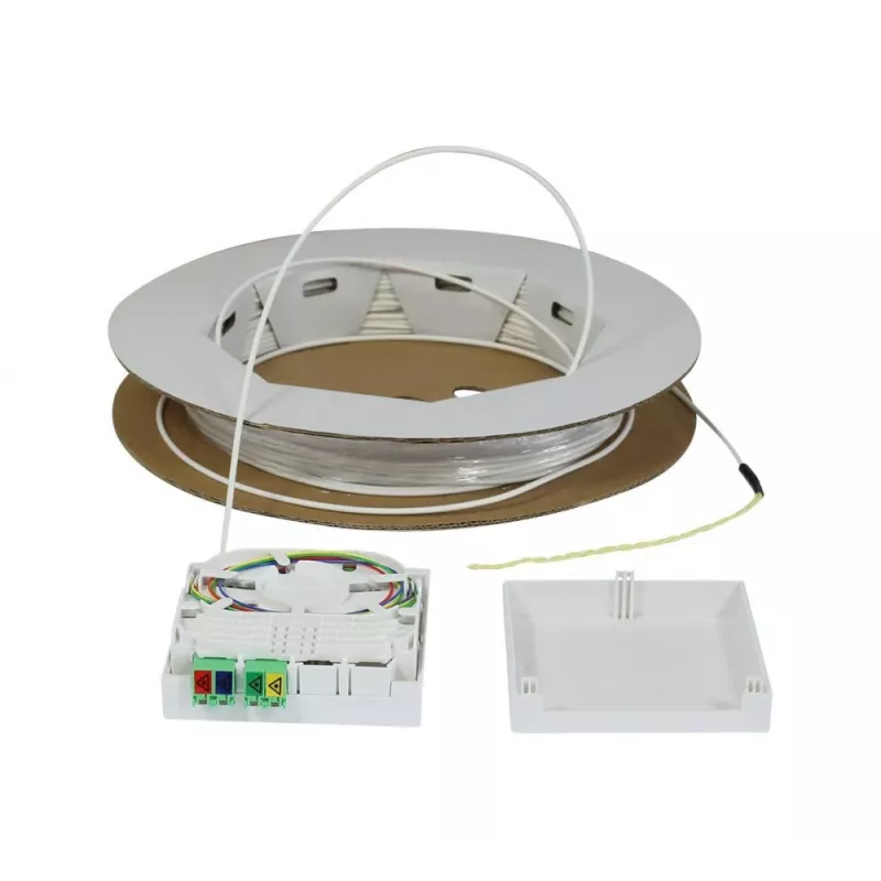 Synergy 21 FTTH Compact Box preterminada, 4xLC/APC a extremo abierto, 60m, 9/125µm, G.657.A2, 4 fibras, OD 2,2mm