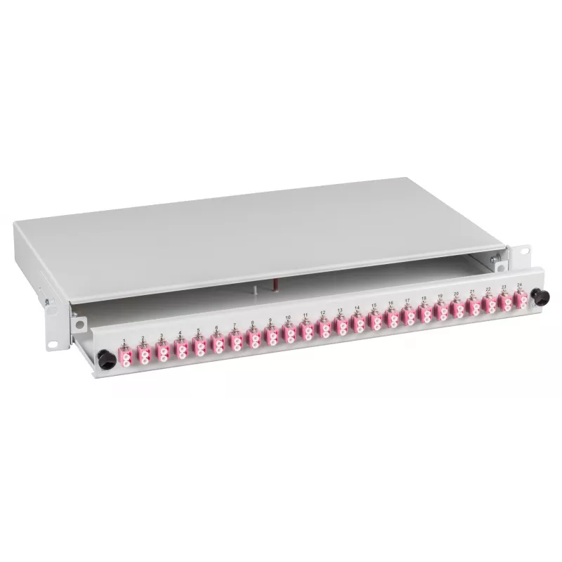 EFB caja de empalme LC 9/125µm OS2 cajón 1U 48 pigtails preterminados 24 acopladores dúplex