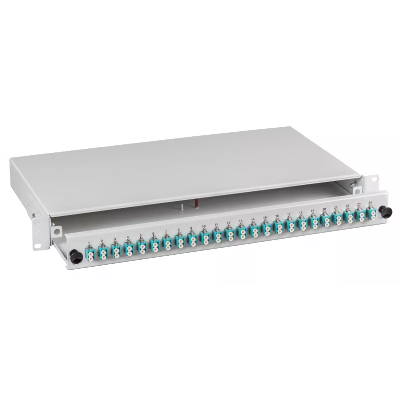 EFB caja de empalme LC 9/125µm OS2 cajón 1U 48 pigtails preterminados 24 acopladores dúplex