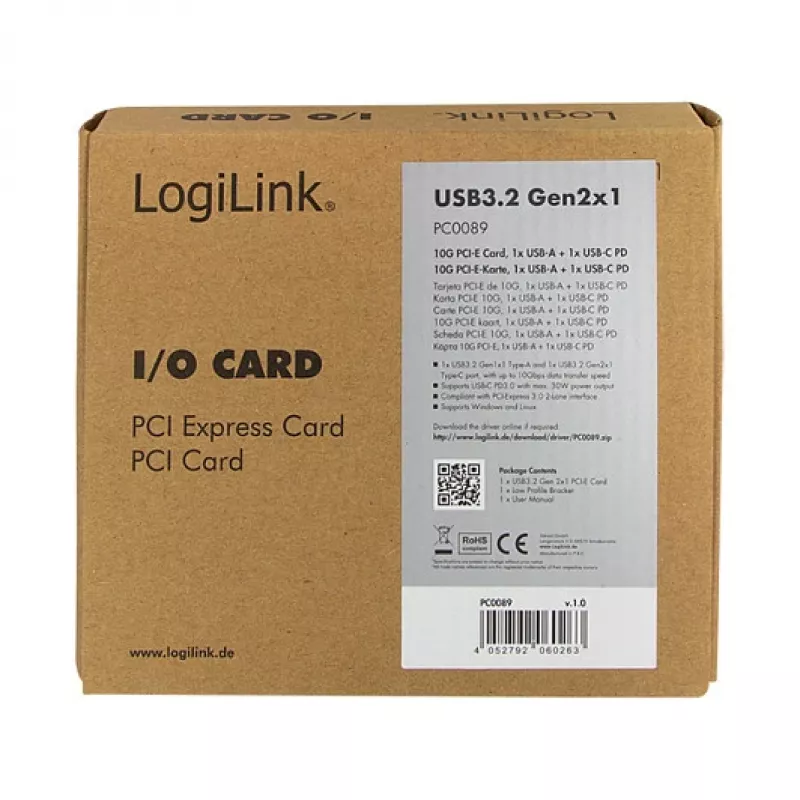 LogiLink tarjeta PCI Express USB 3.2, 5 Gbps, 2 puertos USB-A externos + 3 internos