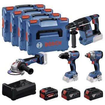 BOSCH POWERTOOLS Kit combo 18V atornillador a batería, atornillador de impacto, martillo perforador, amoladora angular (kit de 4 herramientas)