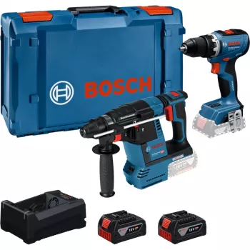 BOSCH PowerTools Kit combo atornillador percutor a batería 18V 65 + martillo perforador a batería 18V 26 con 2 baterías de 5 Ah y cargador (kit)