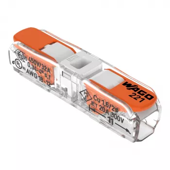 WAGO 221-2401 Conector de empalme en línea, 2 conductores, 0,2-4 mm², 600 uds., transparente/naranja