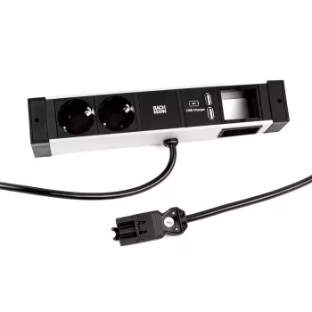 Regleta de enchufes Bachmann DESK Rail con 2 tomas Schuko y 2 puertos de carga USB, cable de 2 m, plata/negro