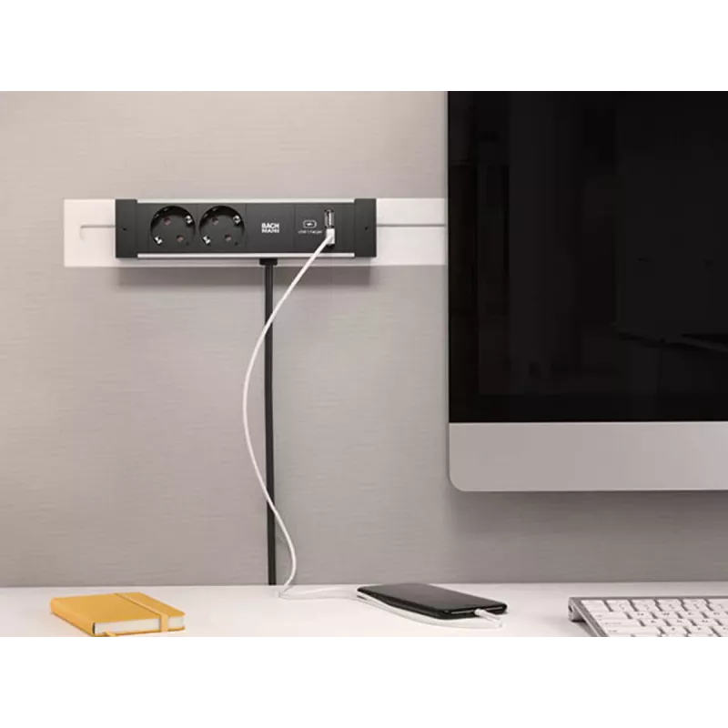 Regleta de enchufes Bachmann DESK Rail con 2 tomas Schuko y 2 puertos de carga USB, cable de 2 m, plata/negro
