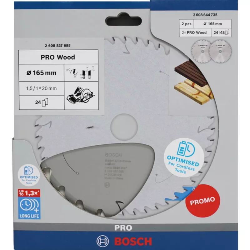 BOSCH POWERTOOLS PRO Hoja de sierra circular de batería para madera 165 mm (pack promocional de 2)