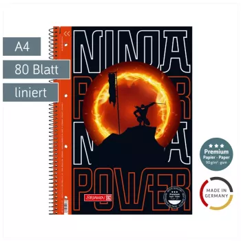 BRUNNEN Bloc universitario Ninja Power Lineatur 27 rayado DIN A4 con margen interior, 80 hojas, encuadernación en espiral, 4 taladros, perforado, 70 g/m², blanco