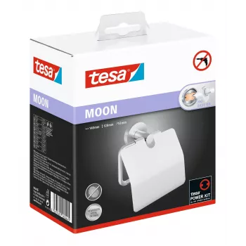 Tesa MOON portarrollos de papel higiénico con tapa, autoadhesivo, acabado acero inoxidable, plateado, 1 ud.