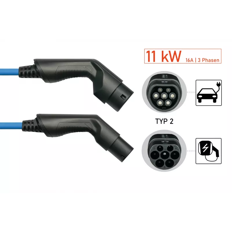 Cable de carga para VE kabelmeister® Modo 3, conector Type 2 a conector hembra, trifásico, 16 A, 11 kW, Azul, 5 m