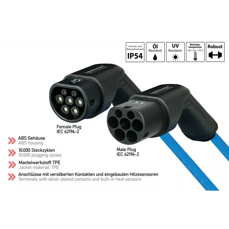 Cable de carga para VE kabelmeister® Modo 3, conector Type 2 a conector hembra, trifásico, 16 A, 11 kW, Azul, 5 m