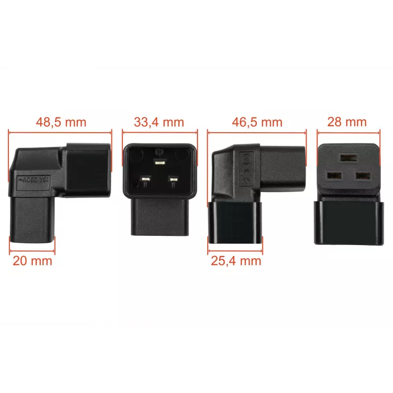 Adaptador de red C20 macho a C19 hembra acodado arriba/abajo - 16A 250V 4000W negro