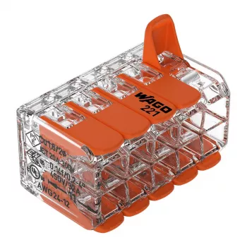 Conector de empalme compacto WAGO 221-420 con palancas, 10 conductores, 0,2-4 mm², carcasa transparente, palanca naranja, pack de 10