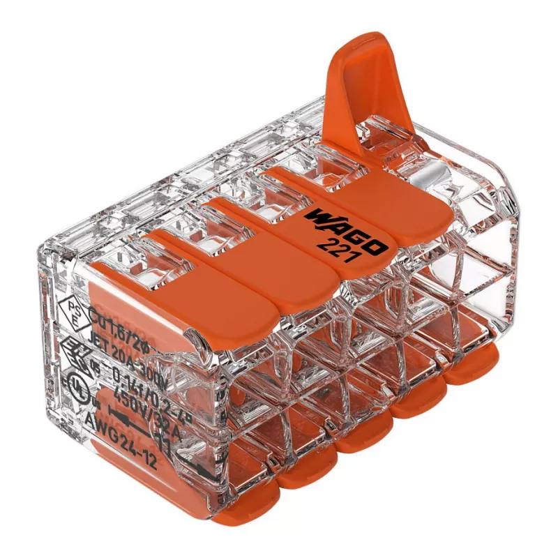 Conector de empalme compacto WAGO 221-420 con palancas, 10 conductores, 0,2-4 mm², carcasa transparente, palanca naranja, pack de 10