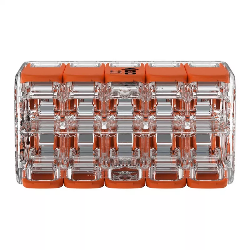 Conector de empalme compacto WAGO 221-420 con palancas, 10 conductores, 0,2-4 mm², carcasa transparente, palanca naranja, pack de 10