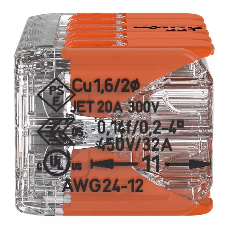 Conector de empalme compacto WAGO 221-420 con palancas, 10 conductores, 0,2-4 mm², carcasa transparente, palanca naranja, pack de 10