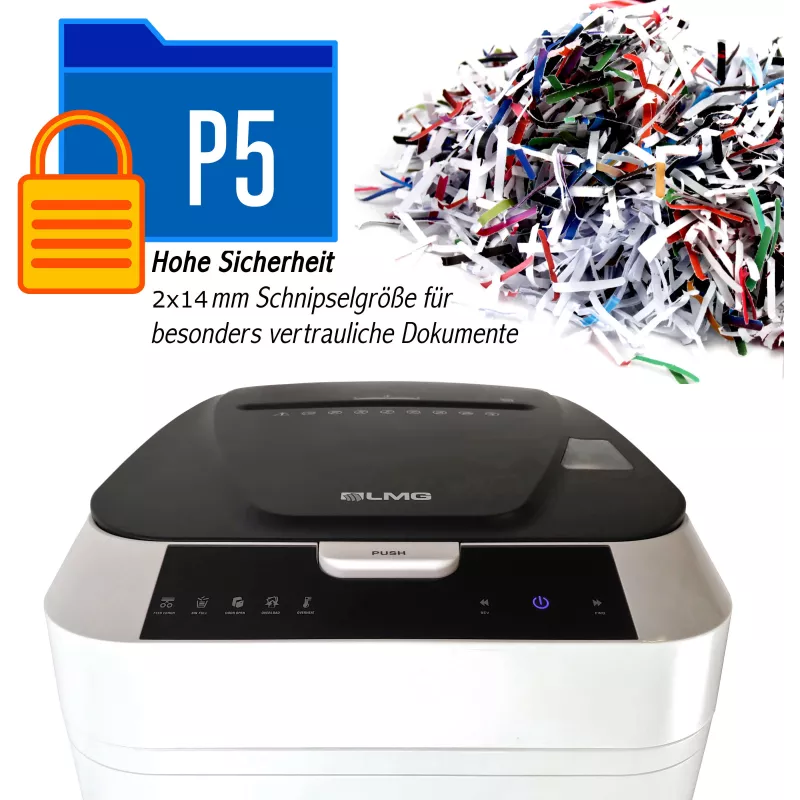 LMG AUTO180P5 Destructora de papel con corte en partículas, 180 hojas de alimentación automática, nivel de seguridad P-5, negra/plateada