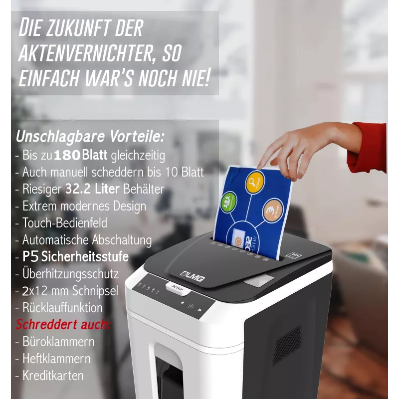 LMG AUTO180P5 Destructora de papel con corte en partículas, 180 hojas de alimentación automática, nivel de seguridad P-5, negra/plateada