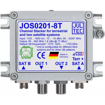 Convertidor de cable único JULTEC JOS0201-8T Unicable II / JESS con 2x entrada óptica de satélite y 1x entrada óptica terrestre, 8x salida tipo F, conectores FC/PC