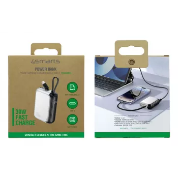 4smarts Batería externa Pocket con cable USB-C 10000mAh, Plata