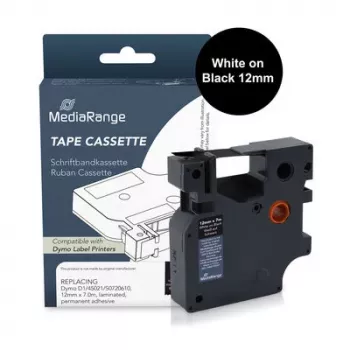MediaRange cartucho de cinta de etiquetas compatible con Dymo 12mm x 7m blanco sobre negro (MRDY45021)