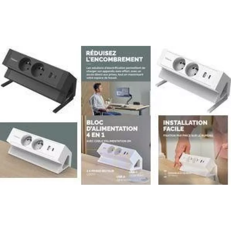 Regleta de sobremesa Fellowes Power Desk 2, Type E, 2 tomas, 2 USB, negra