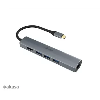 Akasa AK-CBCA22-18BK adaptador multipuerto USB-C - USB 3.2 Gen 1 Type-C a HDMI, RJ-45, USB-A - aluminio - negro - 18 cm
