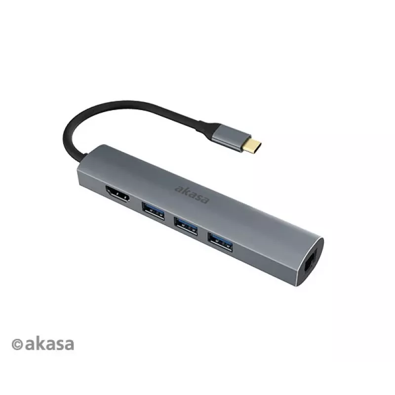 Akasa AK-CBCA22-18BK adaptador multipuerto USB-C - USB 3.2 Gen 1 Type-C a HDMI, RJ-45, USB-A - aluminio - negro - 18 cm