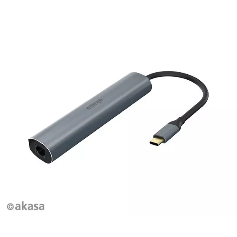 Akasa AK-CBCA22-18BK adaptador multipuerto USB-C - USB 3.2 Gen 1 Type-C a HDMI, RJ-45, USB-A - aluminio - negro - 18 cm
