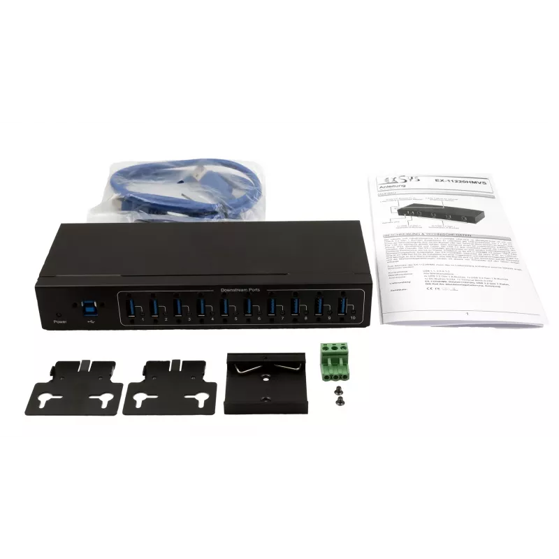 Exsys hub metálico USB 3.2 Gen 1 de 10 puertos con kit para carril DIN, chipset VIA VL811+, 5 Gbps, fuente de alimentación 5V/4A, cable de 1,8m