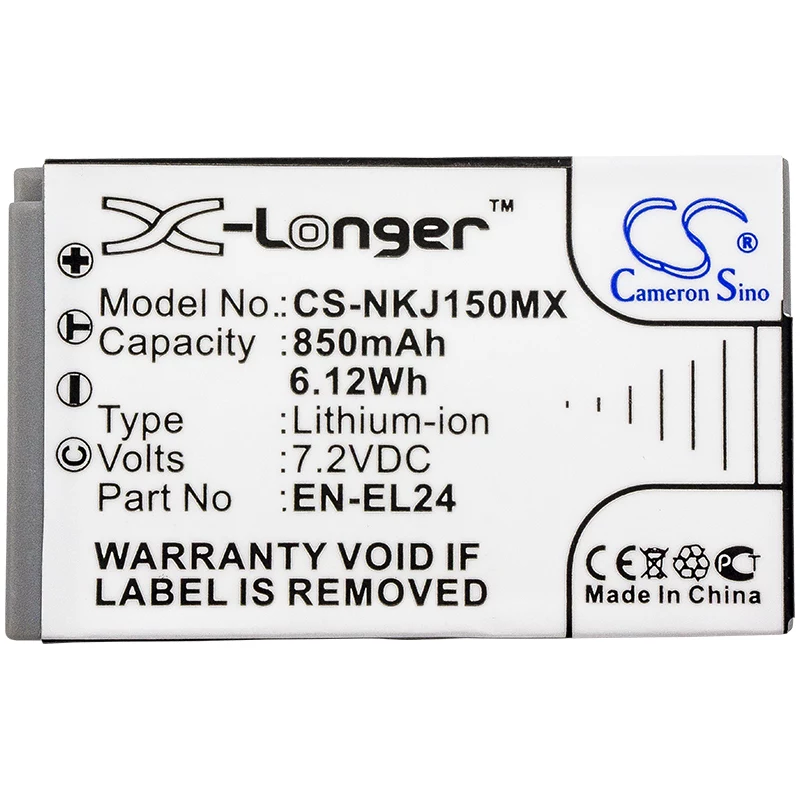 Batería de repuesto Cameron Sino CS-NKJ150MX para Nikon EN-EL24 (850mAh, 7,2V, Li-Ion)