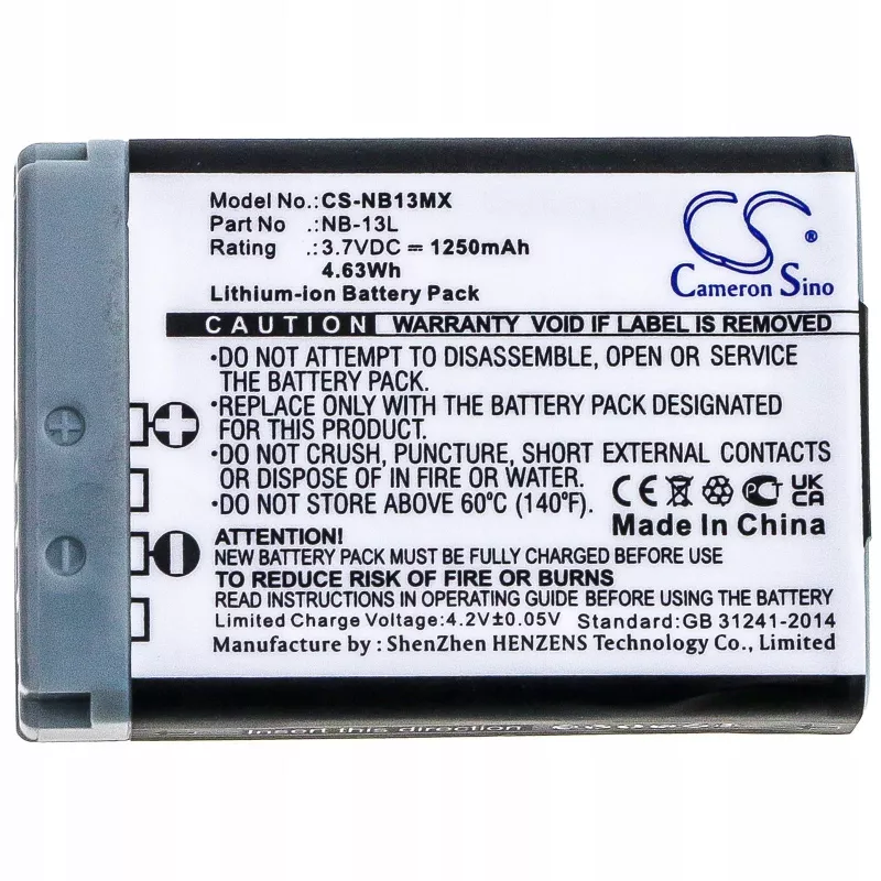 Batería de repuesto CAMERON SINO NB-13L para Canon PowerShot G5 X, G7 X, G9 X, SX620 HS, SX720 HS, SX730 HS, SX740 HS (1250mAh, 3,6V, Li-Ion)