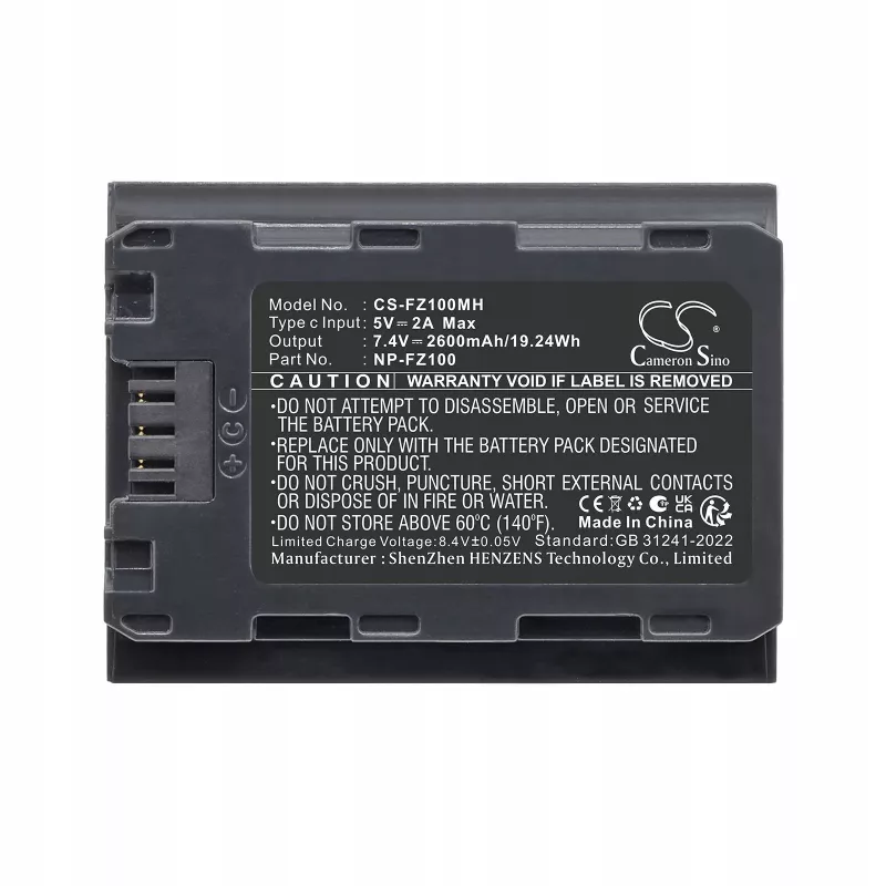 Batería de repuesto Cameron Sino CS-FZ100MH para Sony NP-FZ100, 2200mAh, 7,2V, Li-Ion, negro