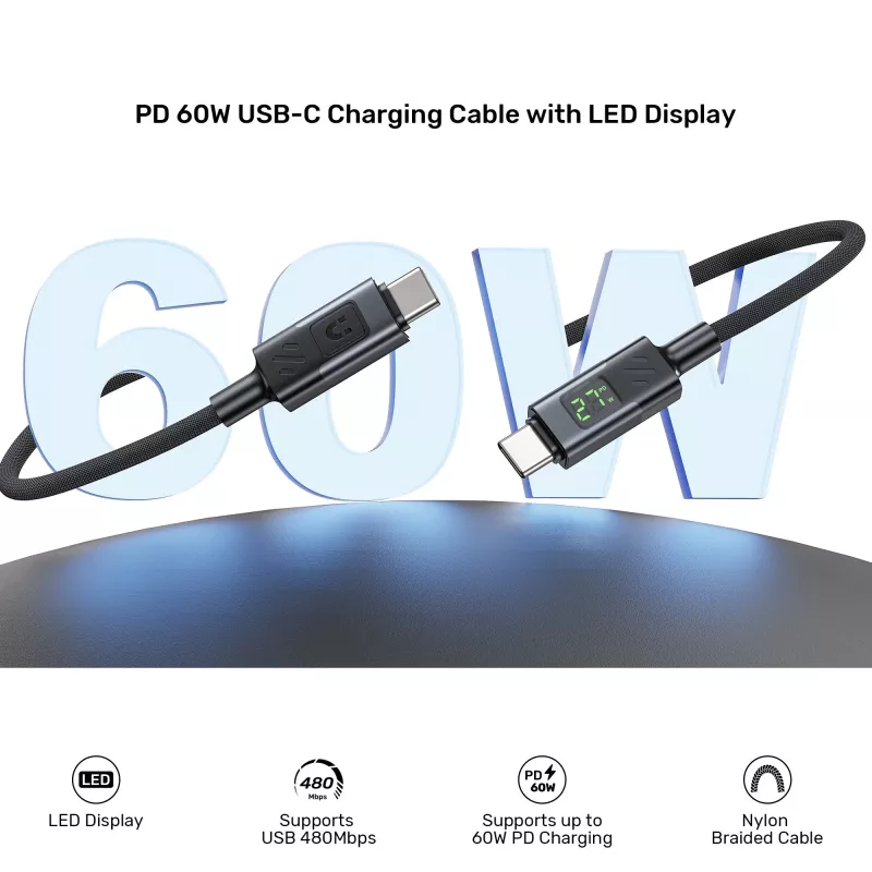 UNITEK Cable USB-C a USB-C 60W PD 480Mbps con indicador LED 3m trenzado negro