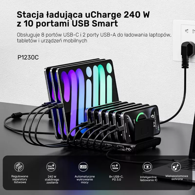 UNITEK Estación de carga 10 puertos USB-C y USB-A 240W