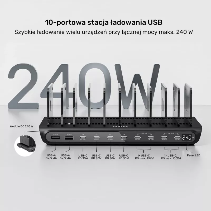 UNITEK Estación de carga 10 puertos USB-C y USB-A 240W