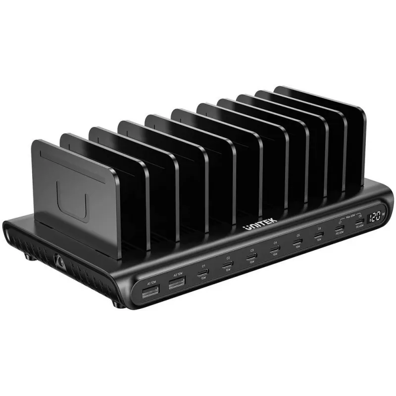 UNITEK Estación de carga inteligente 10 puertos USB-A/USB-C 120W PD 3.0 negra