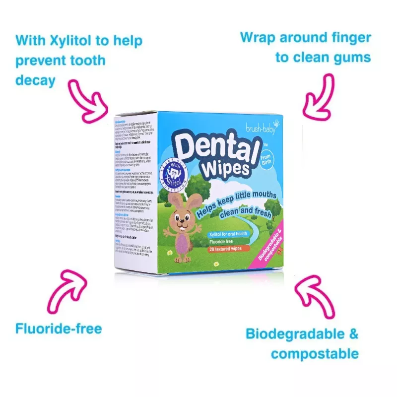 BRUSH BABY Toallitas dentales con xilitol para limpiar encías y dientes de leche 0-16 meses 28 toallitas