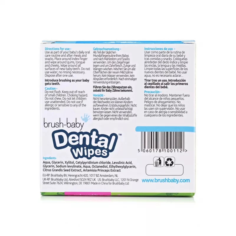 BRUSH BABY Toallitas dentales con xilitol para limpiar encías y dientes de leche 0-16 meses 28 toallitas