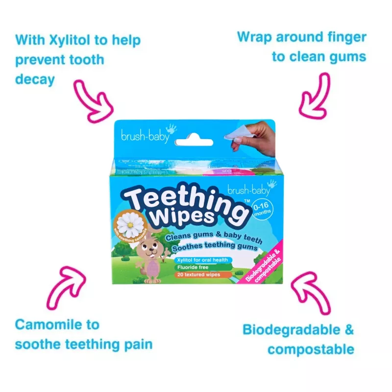 BRUSH BABY Toallitas dentales manzanilla y xilitol para limpiar encías 0-16 meses 20 uds.