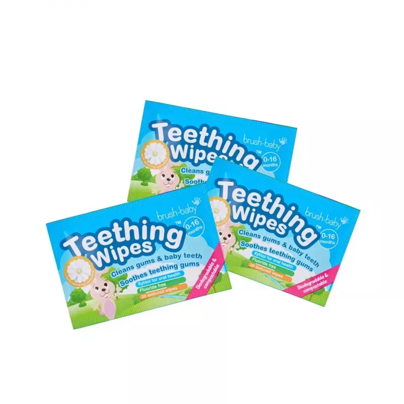 BRUSH BABY Toallitas dentales manzanilla y xilitol para limpiar encías 0-16 meses 20 uds.