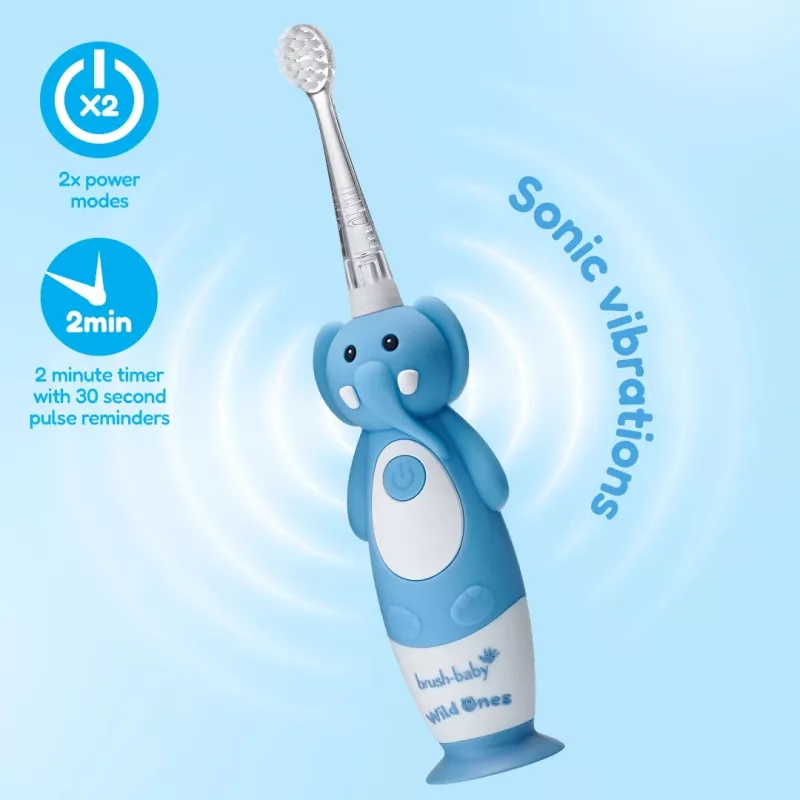 Brush Baby Cepillo de dientes sónico Wild Ones para niños 0-10 años, diseño elefante, gris/blanco