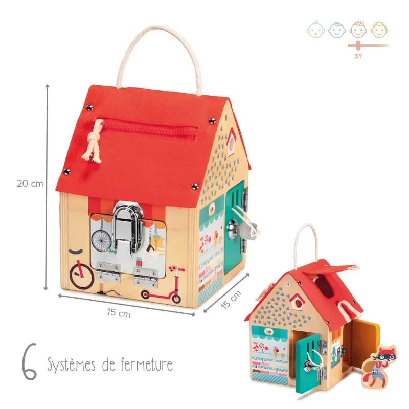 Lilliputiens Georges the Fox Casa de actividades de madera con cerraduras