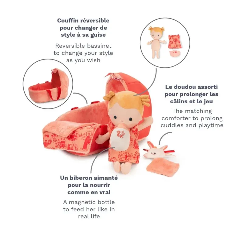 Lilliputiens Lena Set de Muñeca con Cesta de Transporte, Trapo de Apego y Biberón