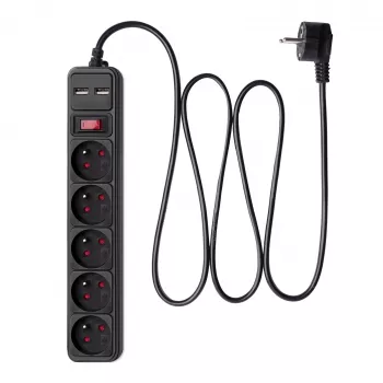 Akyga AK-SP-05U regleta con protección contra sobretensiones, 5x CEE 7/5 (Type E), 2x USB-A, 1,8 m, negra